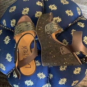 Lanvin cork and python wedge sandals